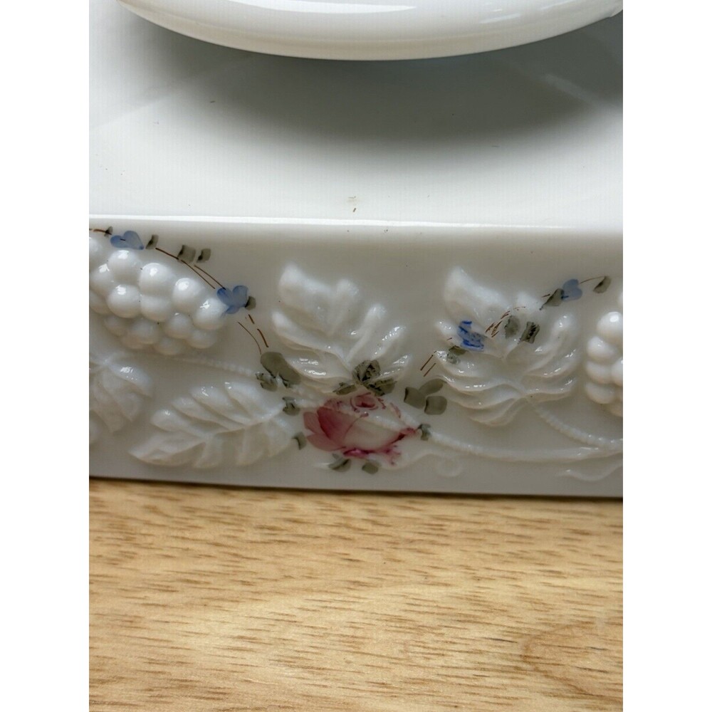 Westmoreland Milk Glass Candy Dish Lidded Paneled Grape Painted Flowers Footed - Picture 10 of 13